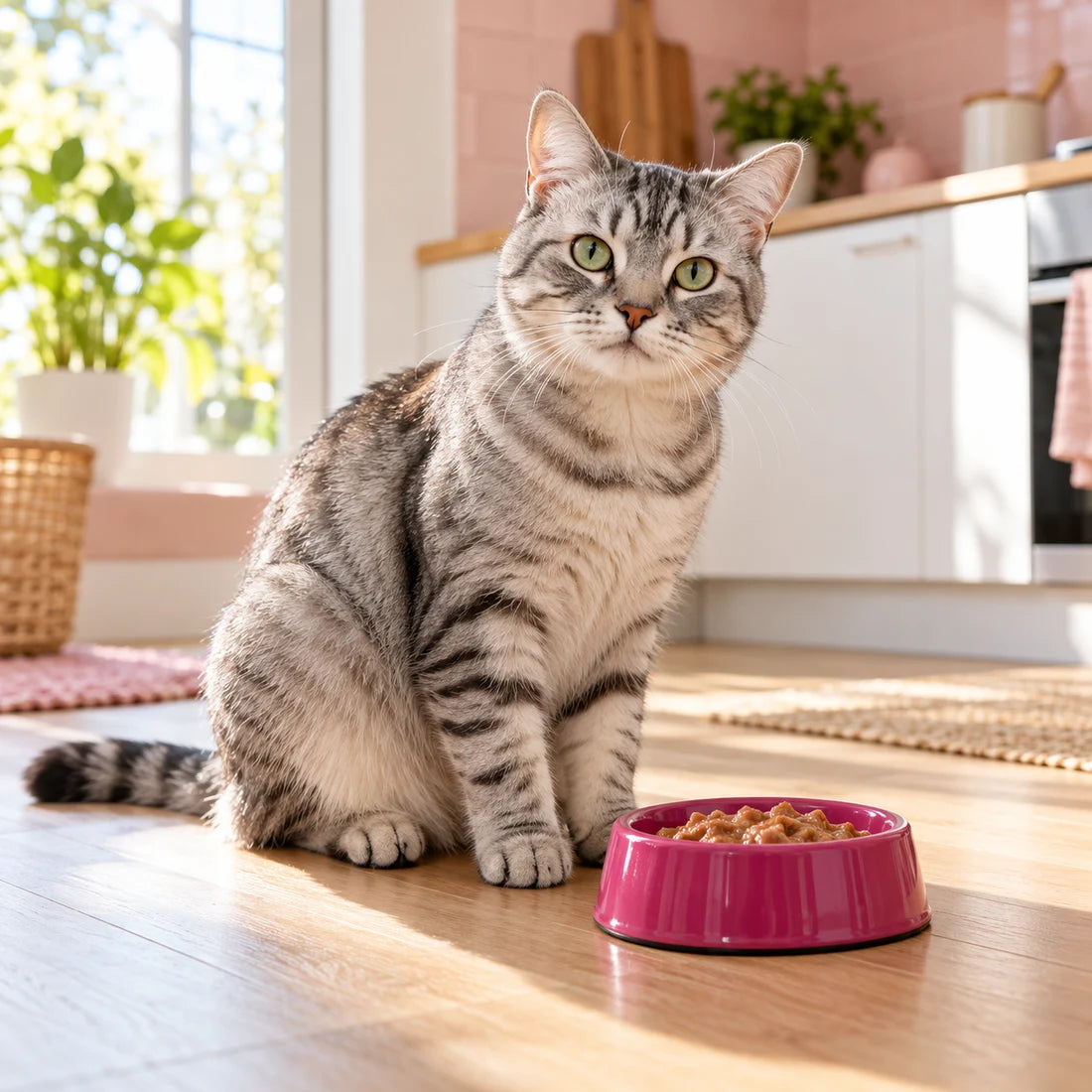 Escena ilustrativa generada de un gato adulto junto a su plato de comida