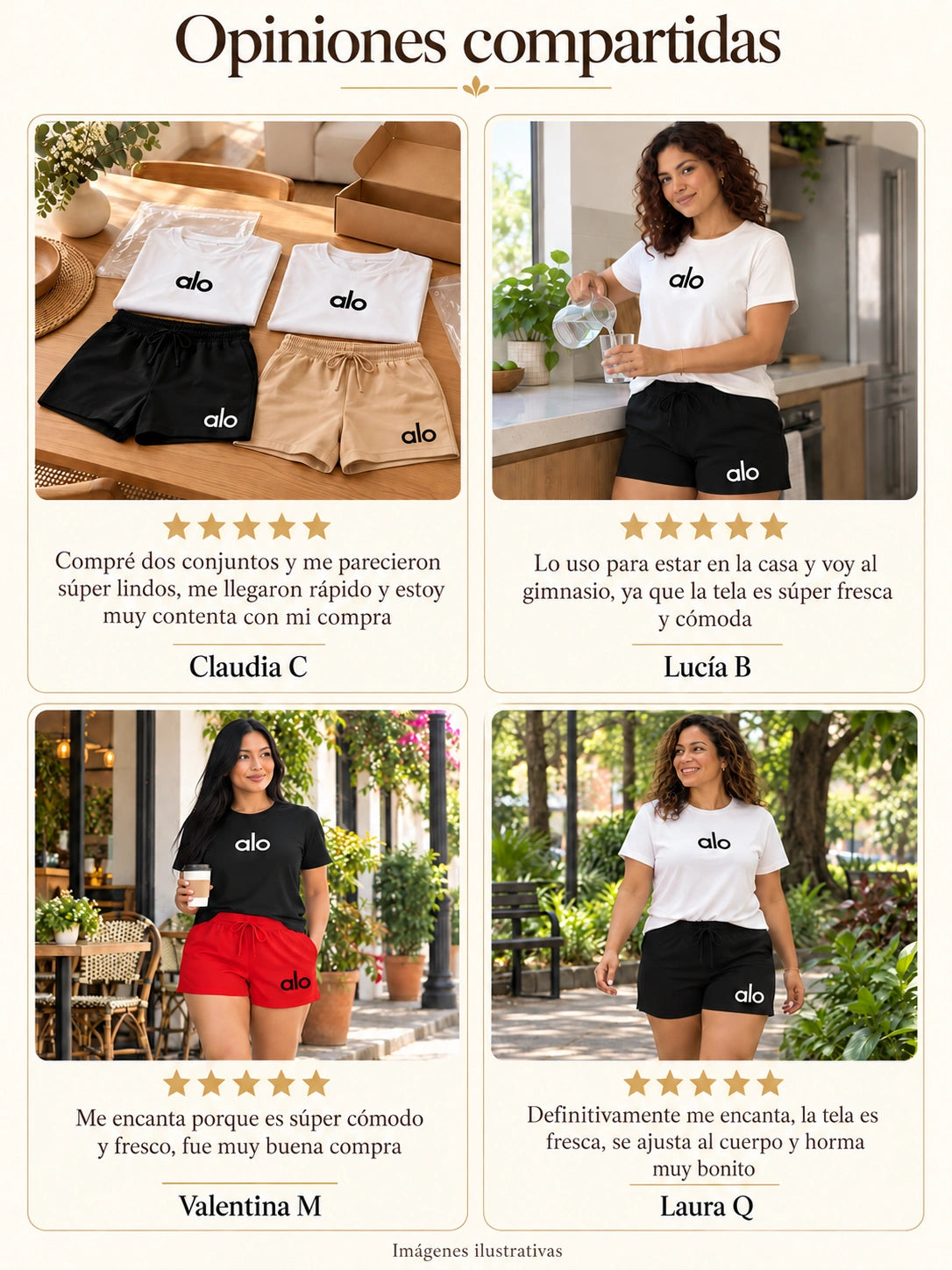 Cuatro opiniones compartidas por la tienda, cada una con cinco estrellas; las imágenes son ilustrativas