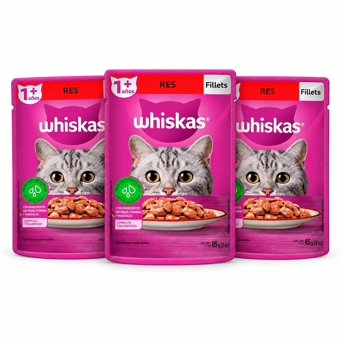 Paquete de tres sobres Whiskas Res Fillets, de 85 g cada uno